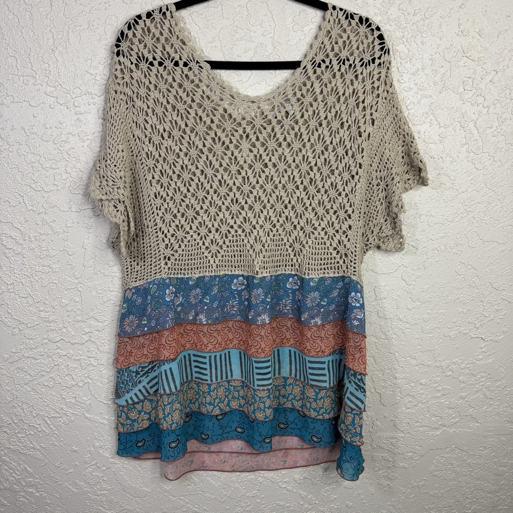 John Mark Crocheted Top‎ Tiered Ruffled Patchwork Size Large Boho Festival Fairy